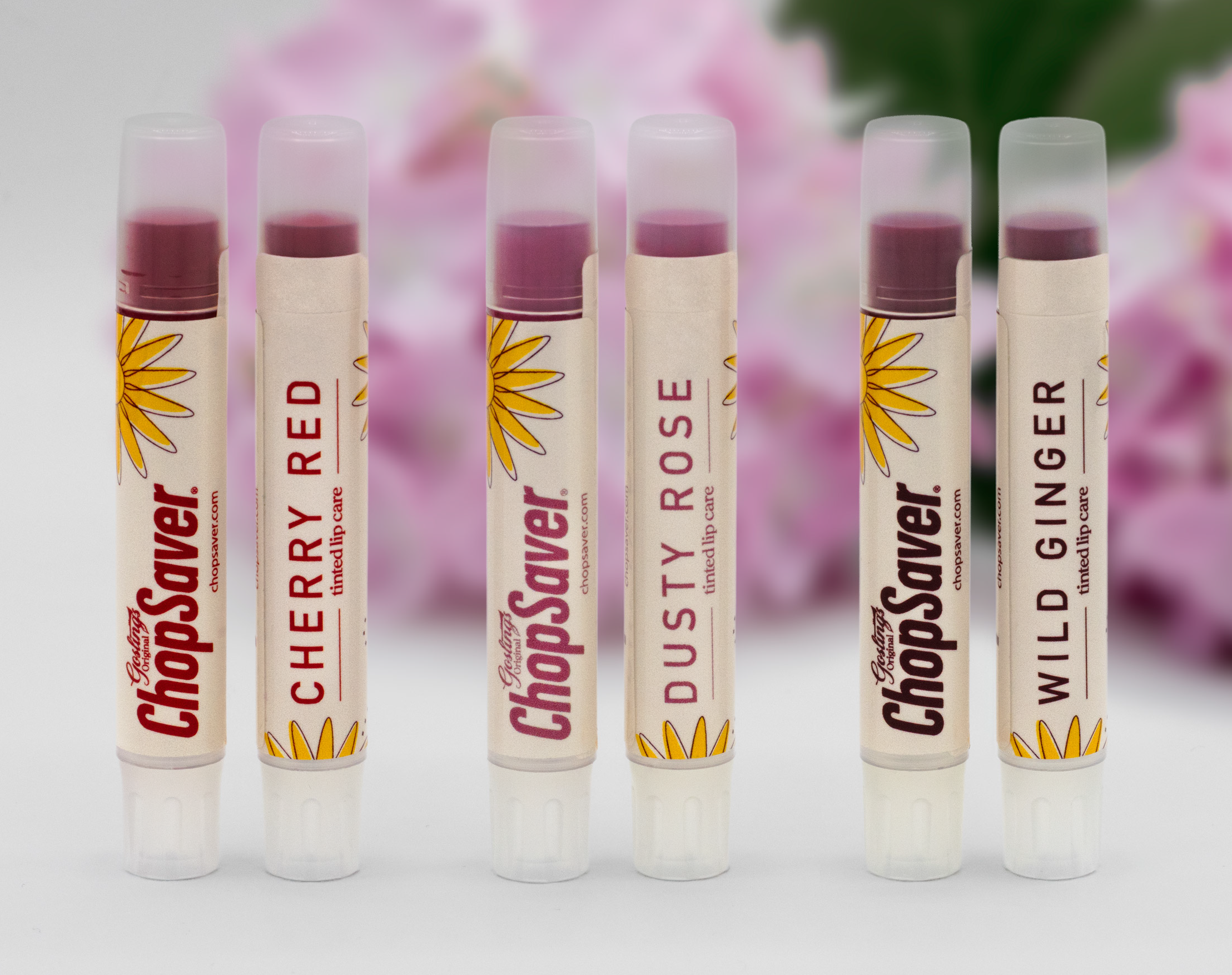 Dusty Rose, Cherry Red, and Wild Ginger tinted ChopSaver tubes